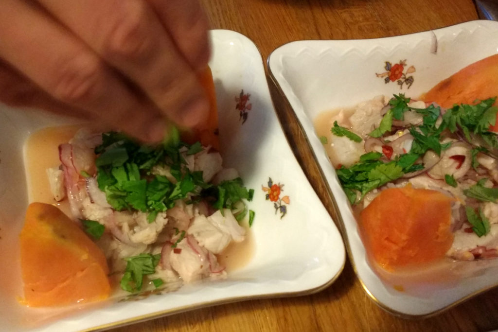 Blitzschnell selbst gemacht: Ceviche, die peruanischen Sushi, aus rohem Fisch, Limettensaft, Zwiebeln, Chili und Koriander